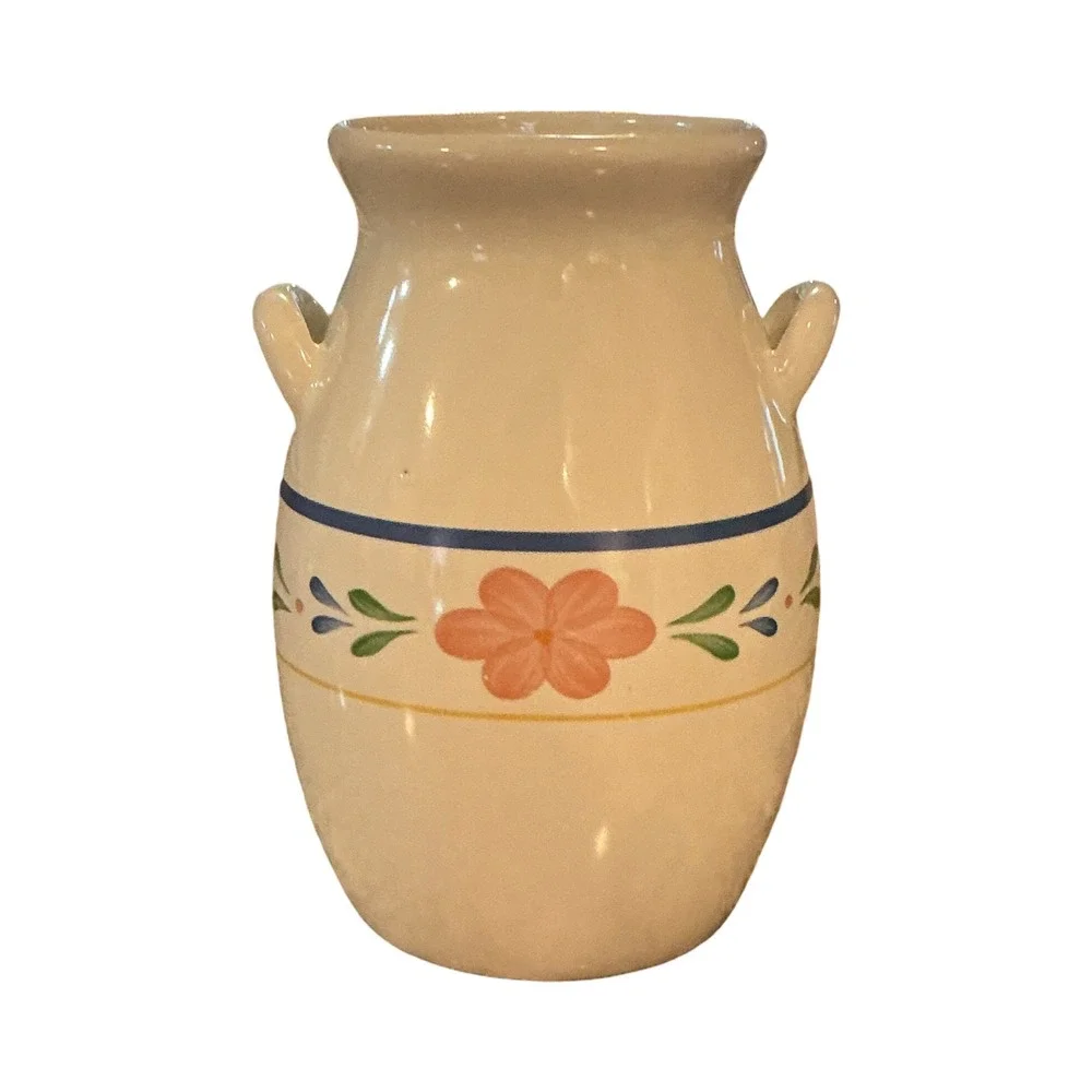 Vintage Ceramic Floral Milk Jug Vase Hand Painted Farmhouse Decor 7 Inch Cream